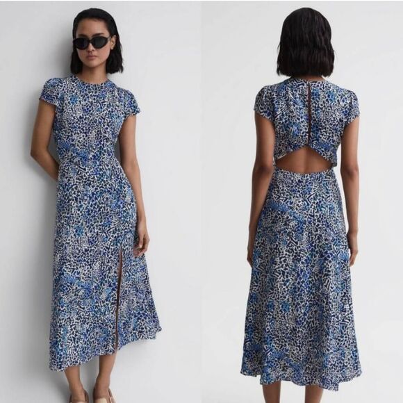 Reiss Livia Cutout Midi Dress Sz 2 Blue Abstract Leg Slit Silky Party Date Night - Picture 1 of 12